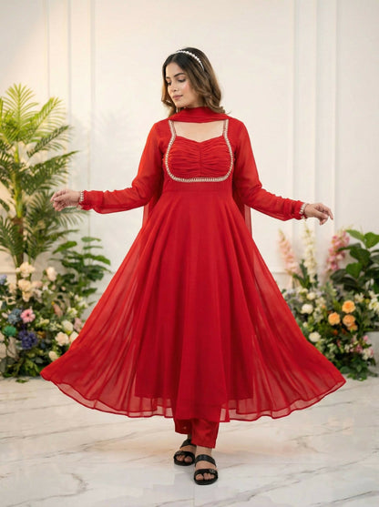 Teeya Creation Womens New Fancy Fox Georgette Heavy Quality Fabric With Handwork Red Gown Set