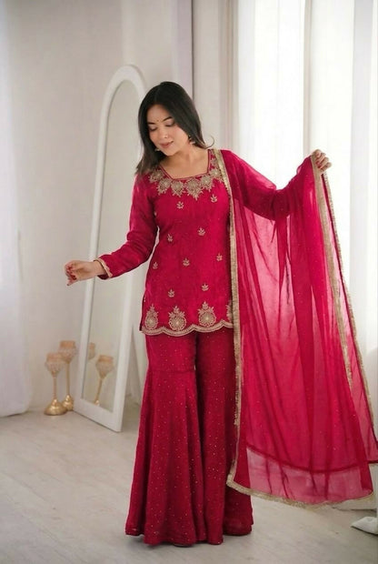 Teeya Creation Womens New Fancy Embroidery Sequence Work With Zarkan Diamond Work Pink Kurta Set