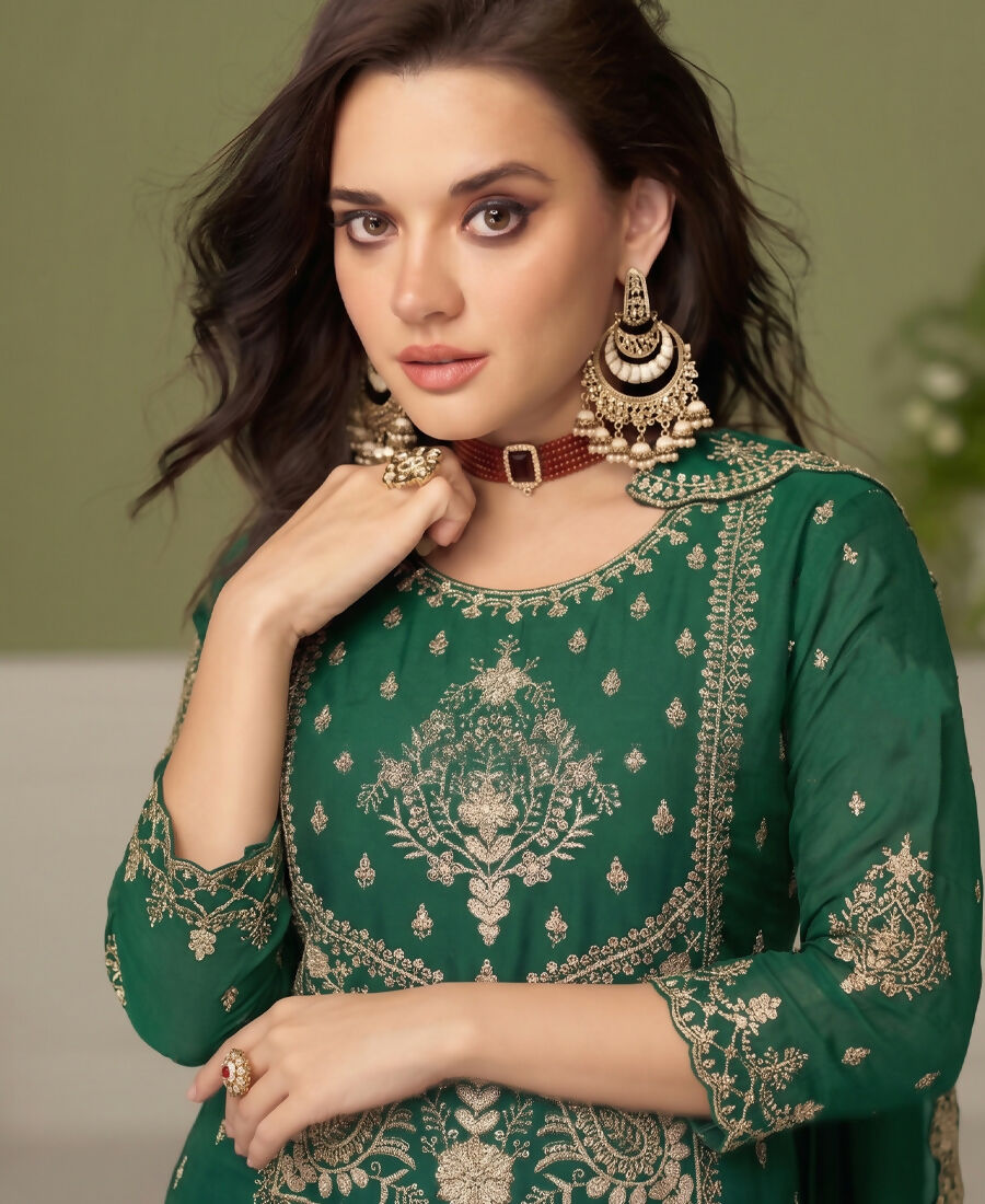 KC Green Wedding Wear Embroidered Crush Silk Salwar Suit