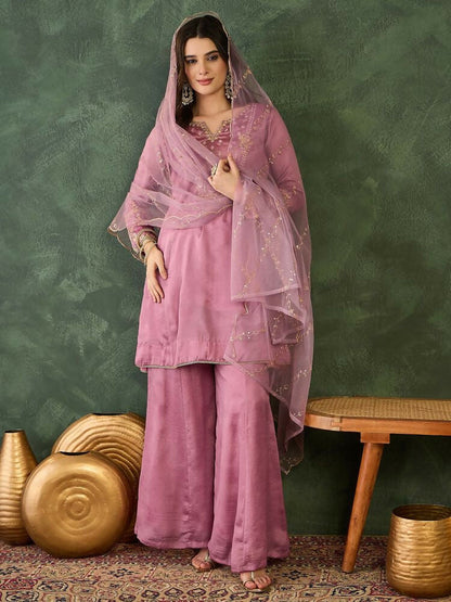 The52 Women's Gorgeous Embroidery Work Viscose Silk Fabric A-line Kurta Sharara and Dupatta Set
