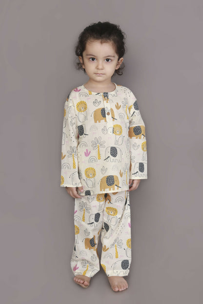 Breathables White Animal Print Cotton Nightsuit Set | Boys & Girls Kids Sleepwear