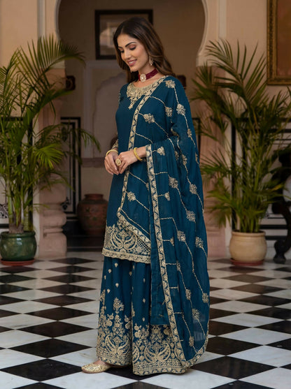 Teeya Creation New Trendy Traditional Wear Sharara with Heavy Border Dupatta Set - Teal