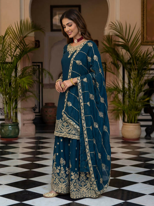 Teeya Creation New Trendy Traditional Wear Sharara with Heavy Border Dupatta Set - Teal