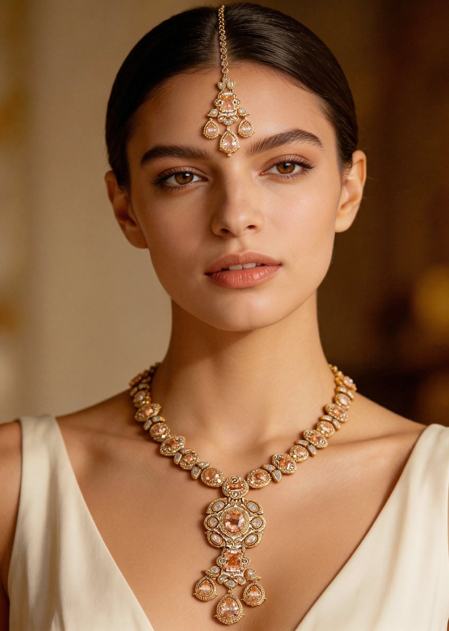 Champagne Gold Stone Encrusted Necklace Set