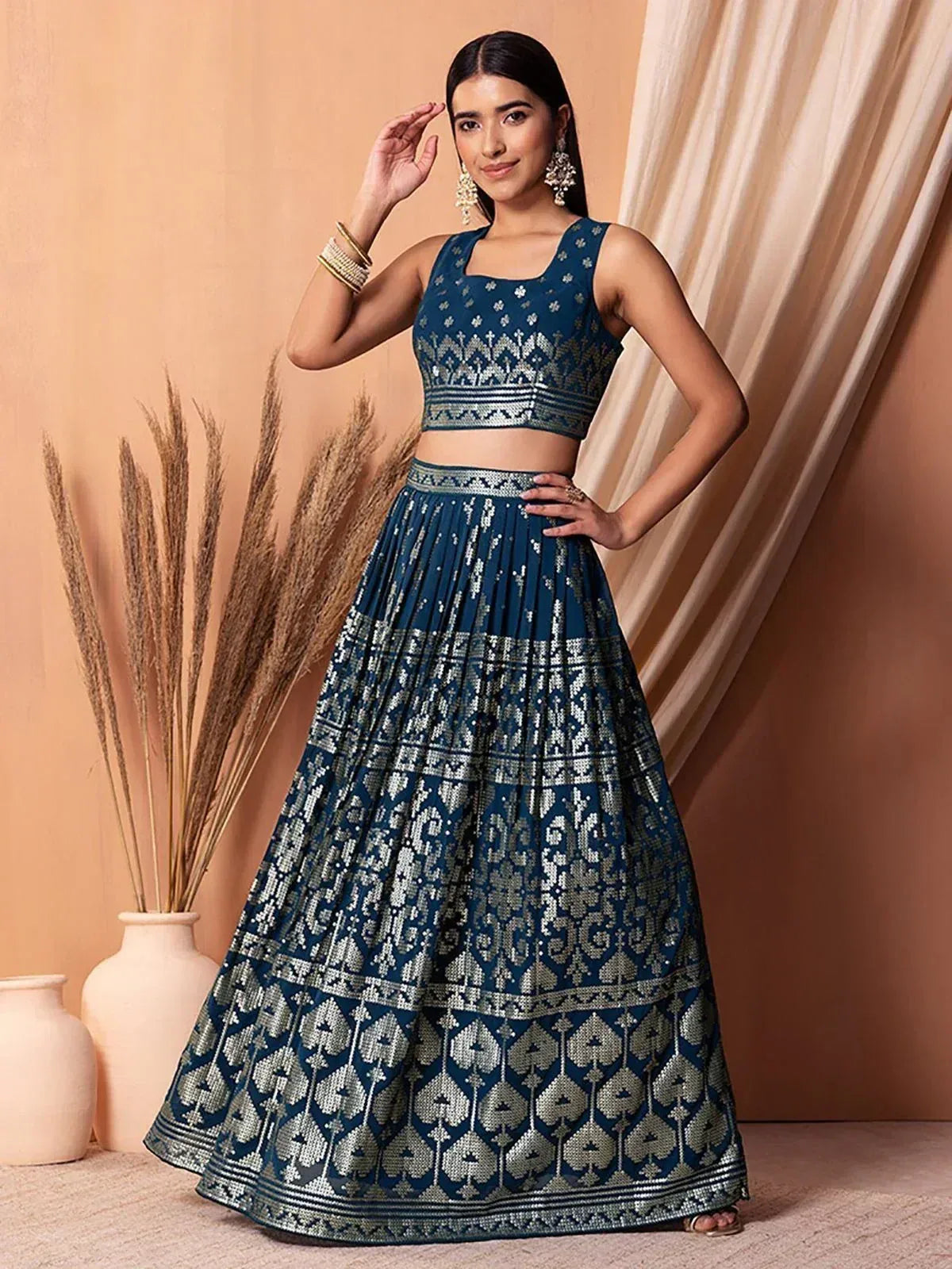 Tulsi Art Charming Blue Sequins Georgette Sangeet Wear Lehenga Choli