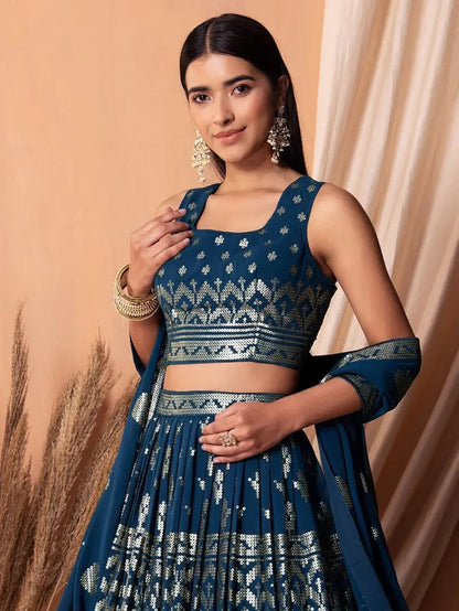 Tulsi Art Charming Blue Sequins Georgette Sangeet Wear Lehenga Choli