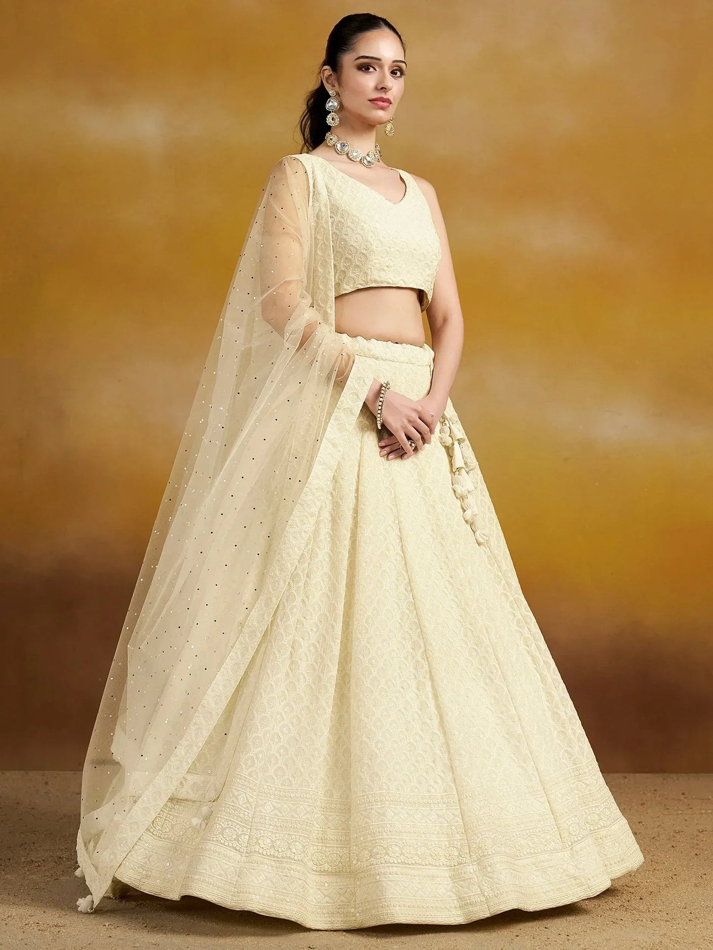 Tulsi Art Charming Off-White Sequins Georgette Festive Wear Lehenga Choli