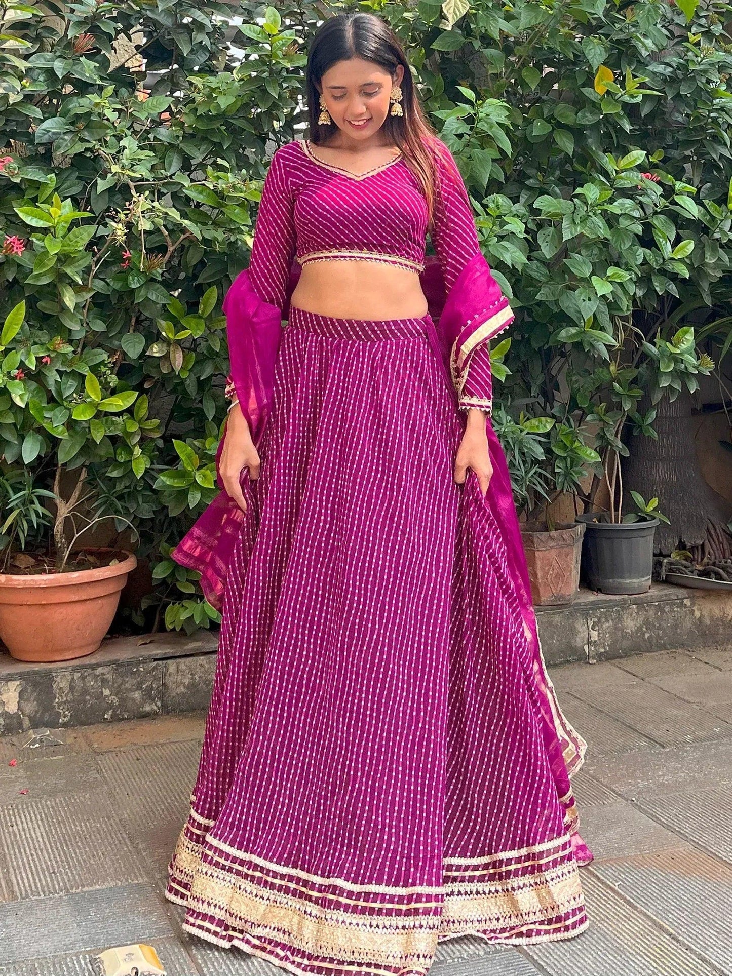 Tulsi Art Charming Purple Leheriya Printed Georgette Festival Wear Lehenga Choli