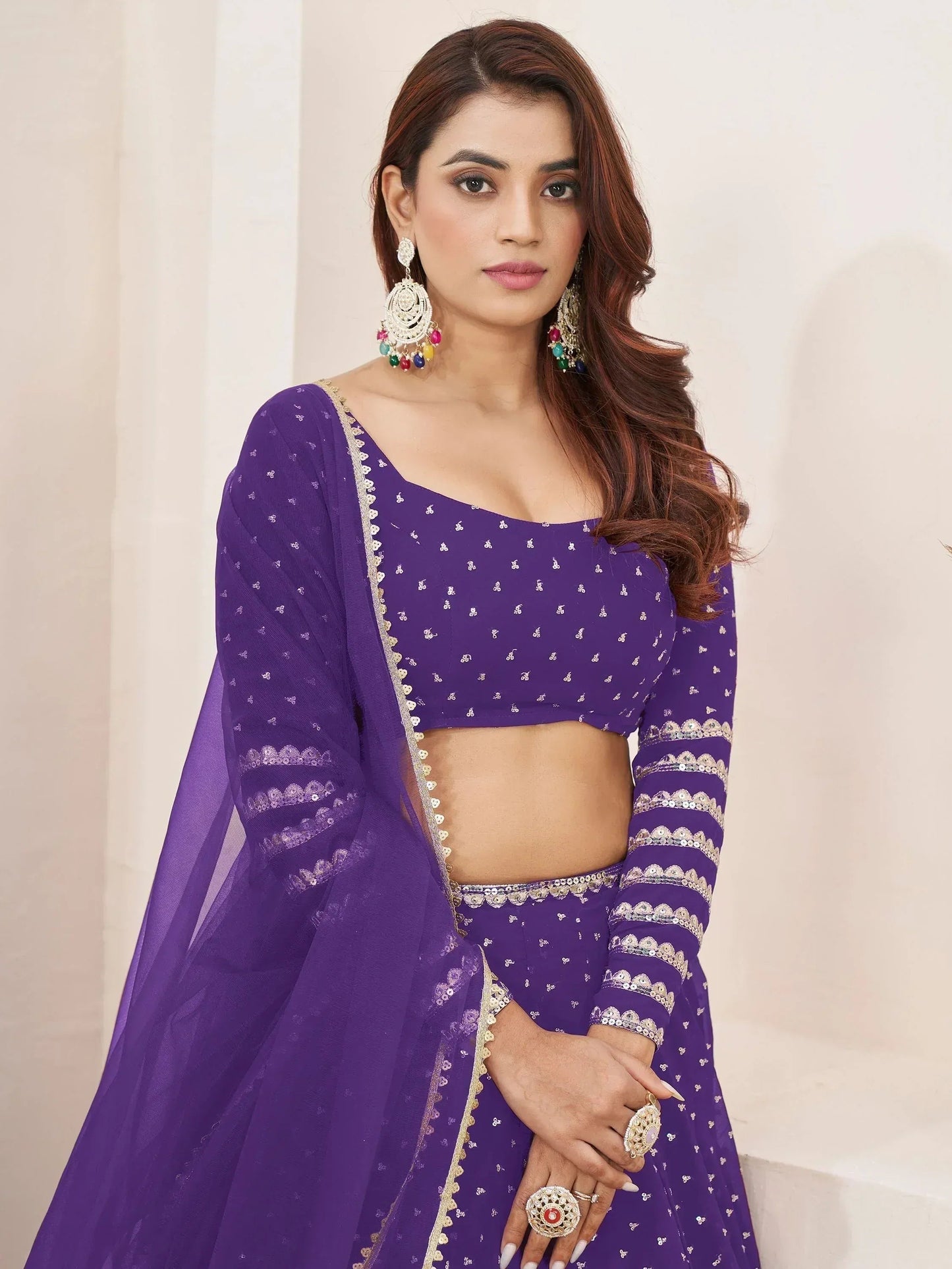 Tulsi Art Charmingâ Violet Sequins Work Georgette Wedding Wear Lehenga Choli