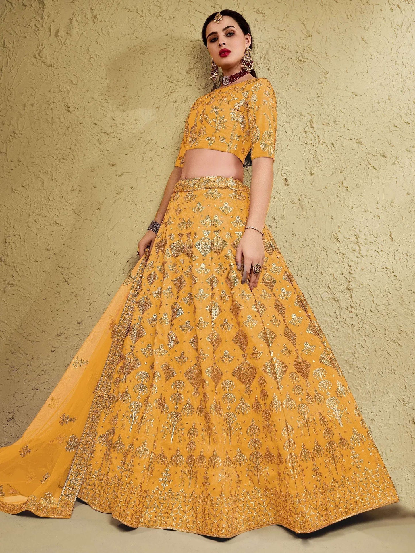Tulsi Art Charming Yellow Sequins Silk Wedding Lehenga Choli With Net Dupatta
