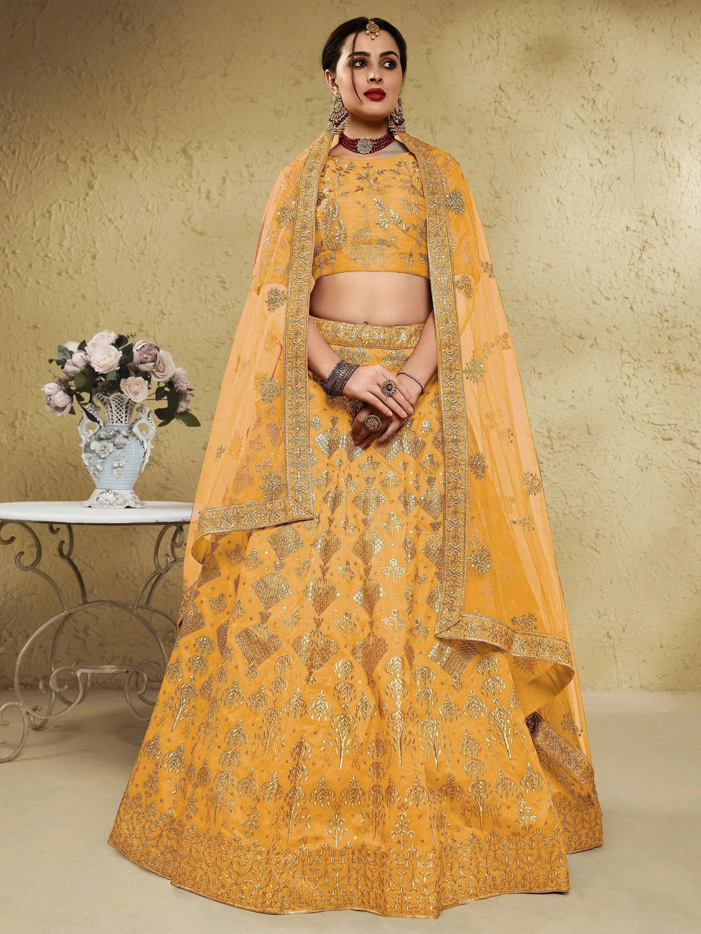 Tulsi Art Charming Yellow Sequins Silk Wedding Lehenga Choli With Net Dupatta
