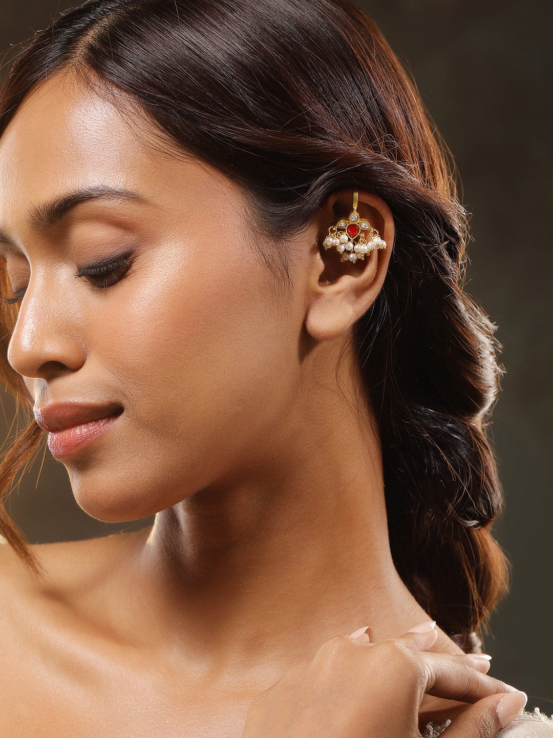 Chic Ruby & Pearl Glow Ear Cuff