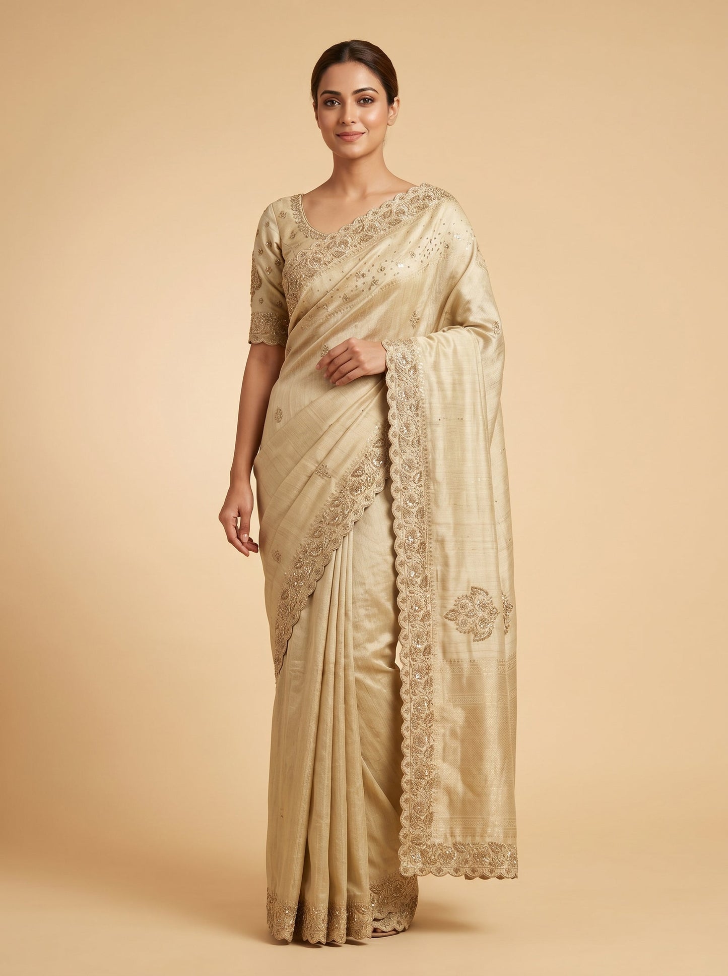 Chiku embroidered saree with elegant motifs