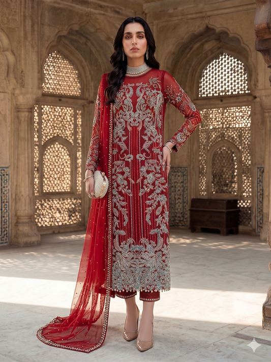 Teeya Creation Womens New Soft Net With Heavy Embroiedery With Sequence Work Red Kurta Set