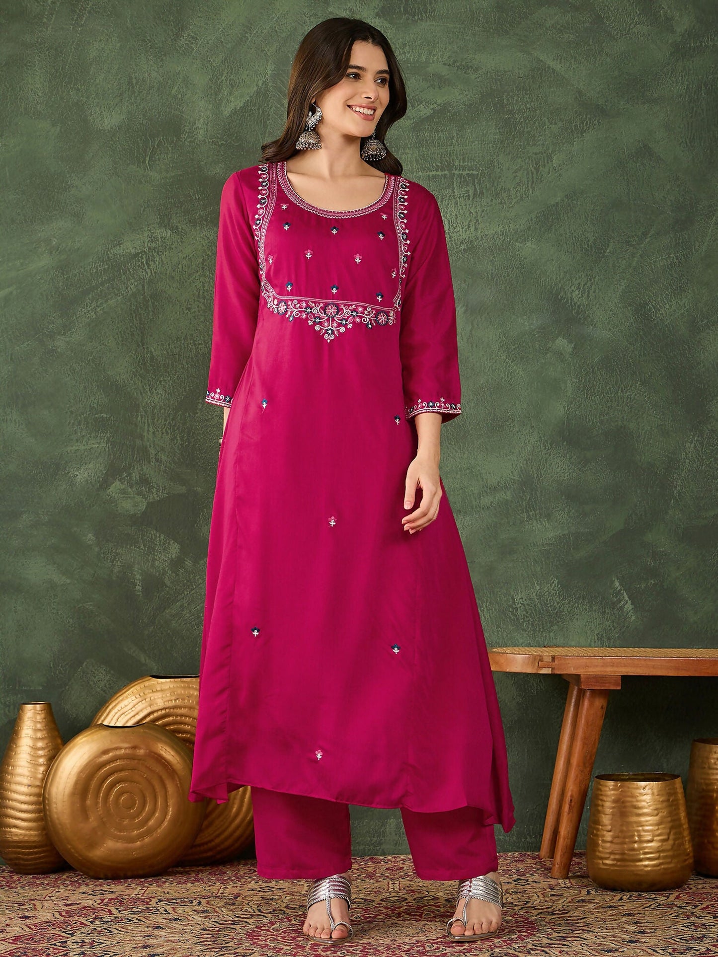 The52 Women's Gorgeous Embroidery Work Vichitra SIlk Fabric Flared Kurta Pant and Dupatta Set-Rani