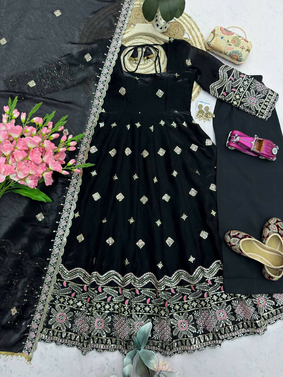 Teeya Creation Premium Black Ethnic Kurti With Sharara And Embellished Dupatta Set