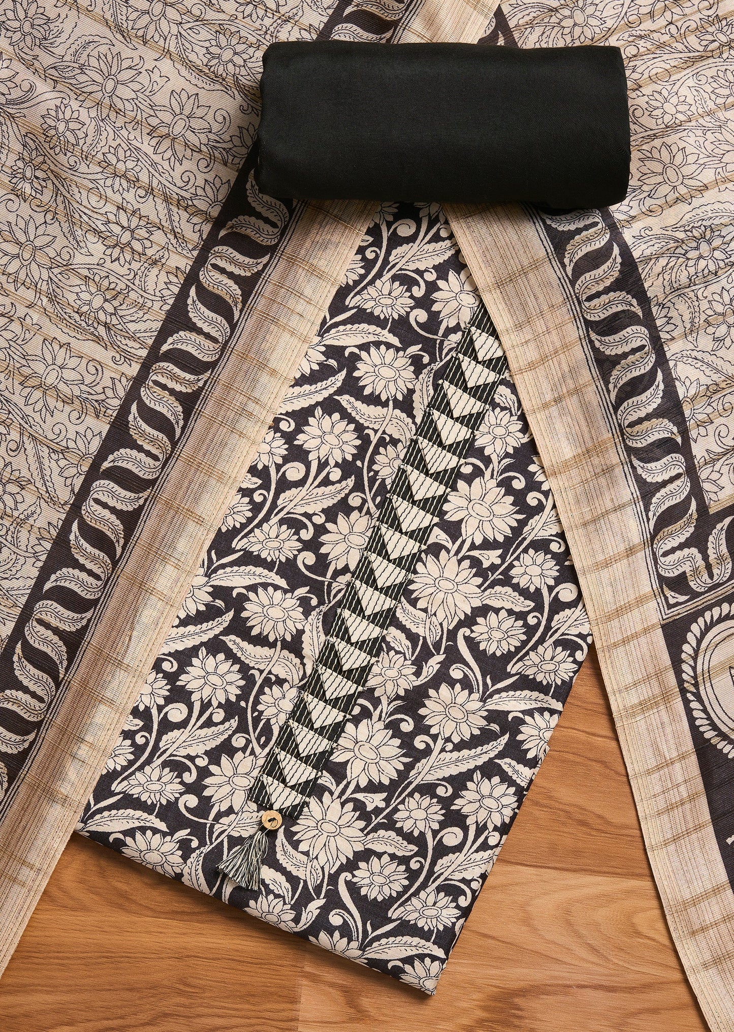 Classic Black Cotton Unstitched Suit