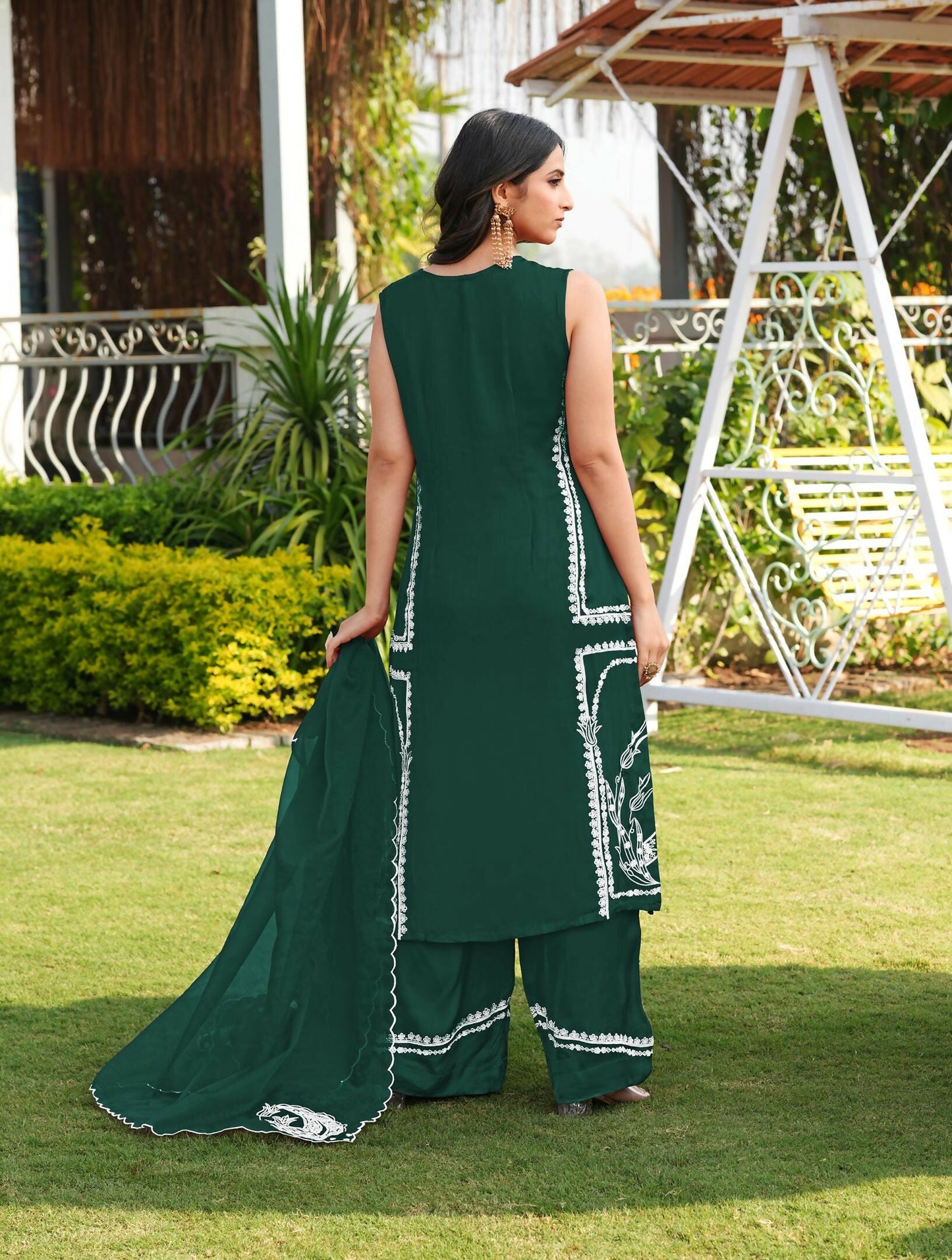 Nikhaar Dark Green Embroidered Modal Silk Stitched Straight Cut Kurta Culottes Dupatta Readymade Suit