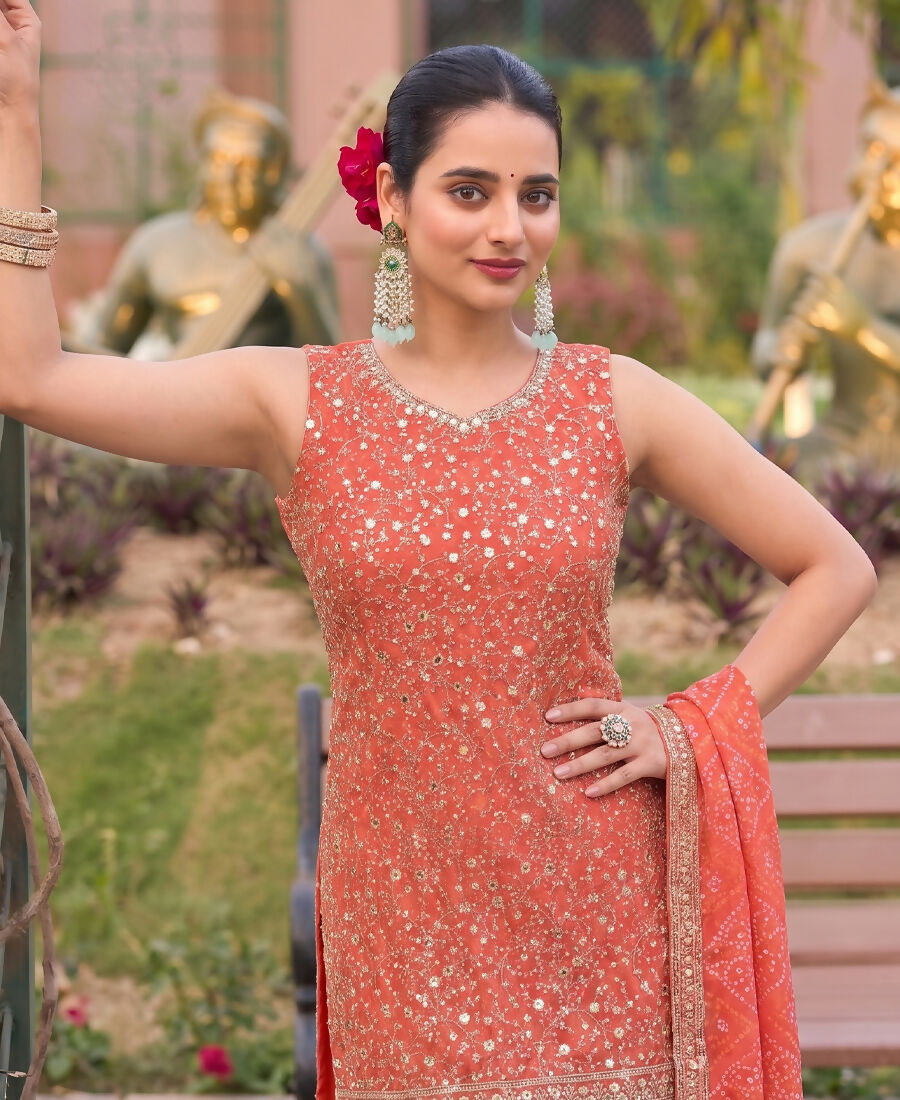 KC Orange Bandhani Printed Heavy Emrboidery Worked Sharara Suit Ethnic Wear