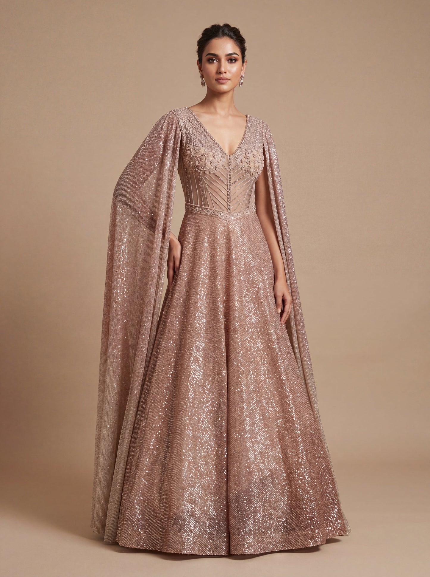 Coffee Brown Contemporary Gown With Metallic Shine Soft Drape