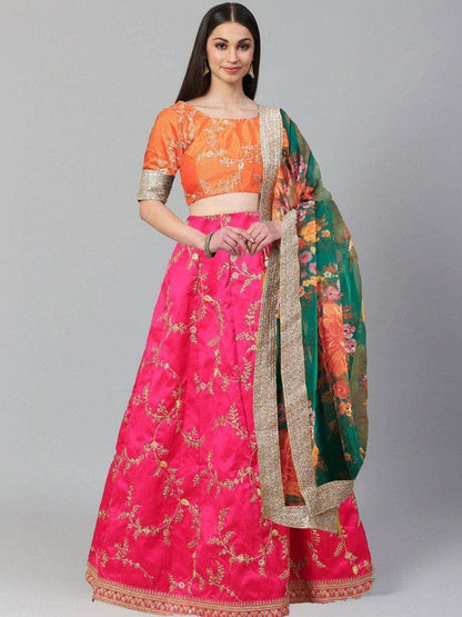 Tulsi Art Pink Embroidered Mulberry Bridal Lehenga Choli With Printed Green Dupatta