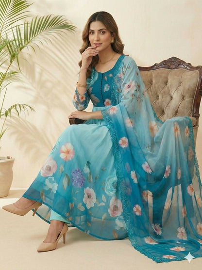 Teeya Creation Womens New Fancy Silk Heavy Quality Fabric With Handwork Sky-Blue Gown Set