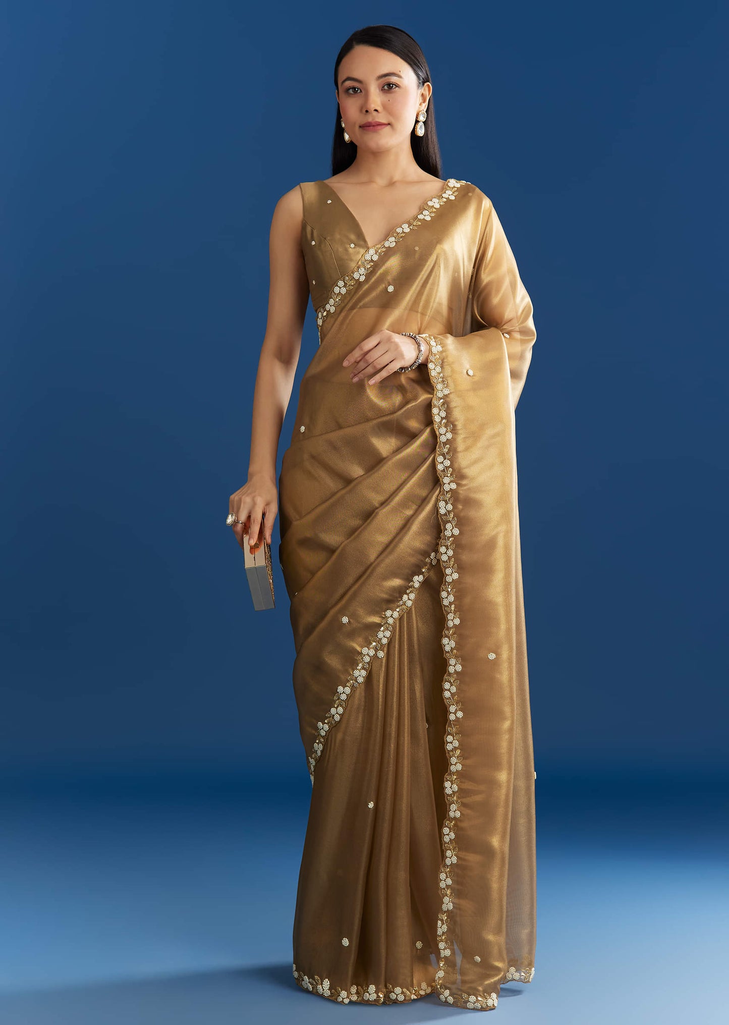 Copper Brown Organza Tissue Saree With Beaded Border