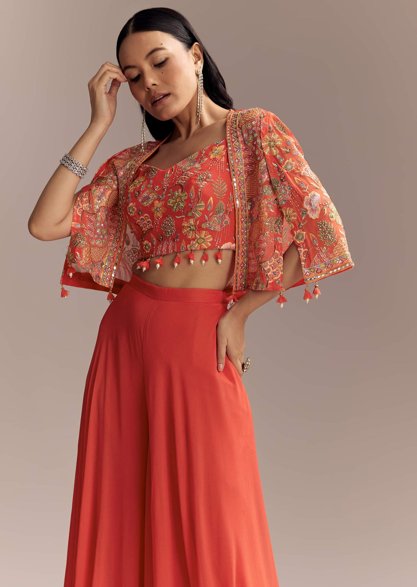 Coral Georgette Crop Top And Palazzo Set With Embroidered Cape