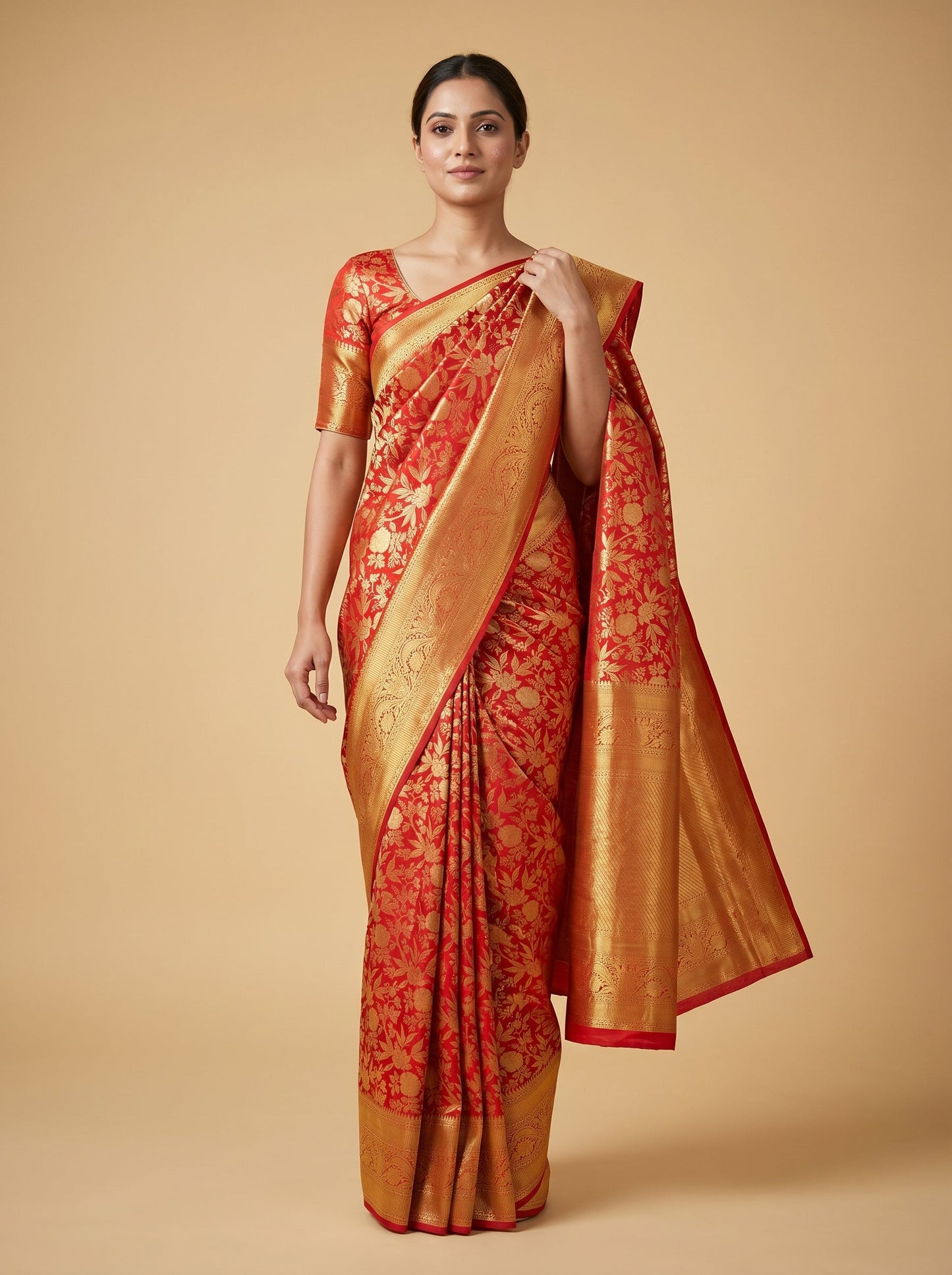 Coral Red Handloom Saree