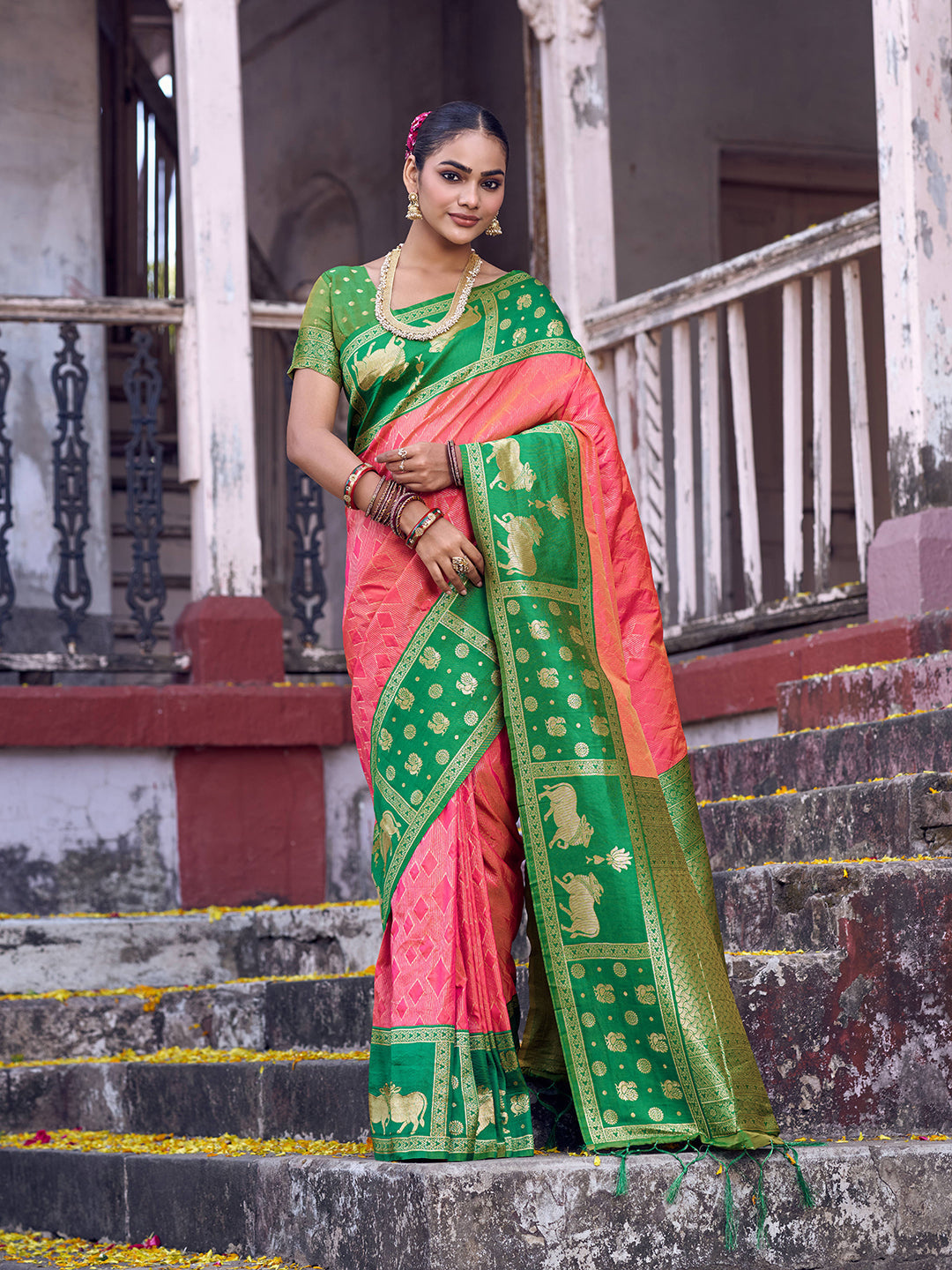 Anaita Coral Soft Silk Woven Saree With Blouse
