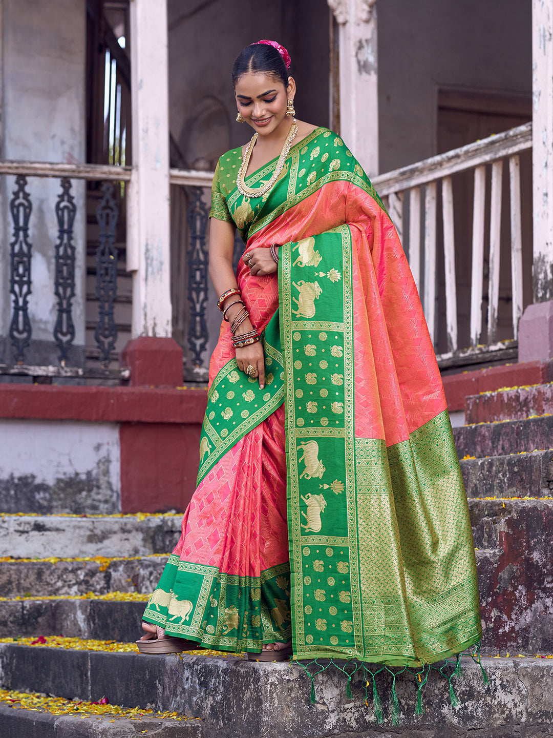 Anaita Coral Soft Silk Woven Saree With Blouse