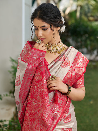 Anaita Coral Silk Blend Woven Saree With Blouse