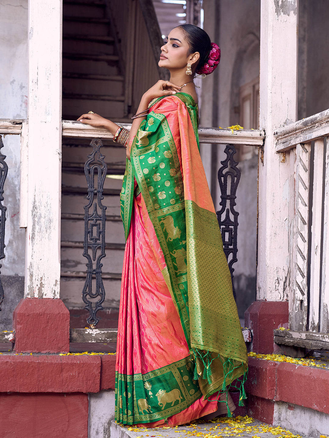 Anaita Coral Soft Silk Woven Saree With Blouse