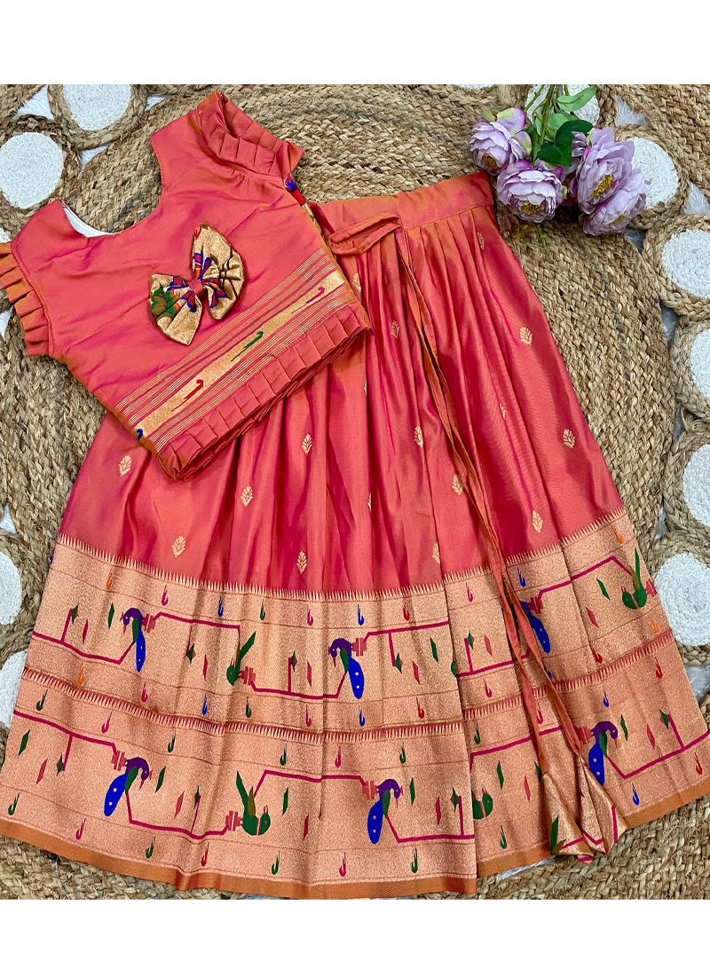Evanik Designer Coral Pink Soft Silk Paithani Design Lehenga Choli For Girls-Party & Ethnic Wear