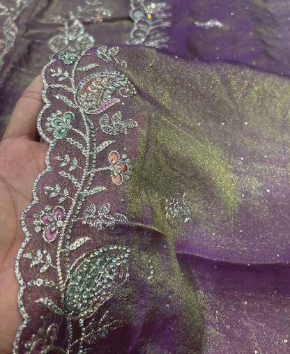 KC Heavy Embroidery Worked Two Ton Moss Silk Purple Suit For Women