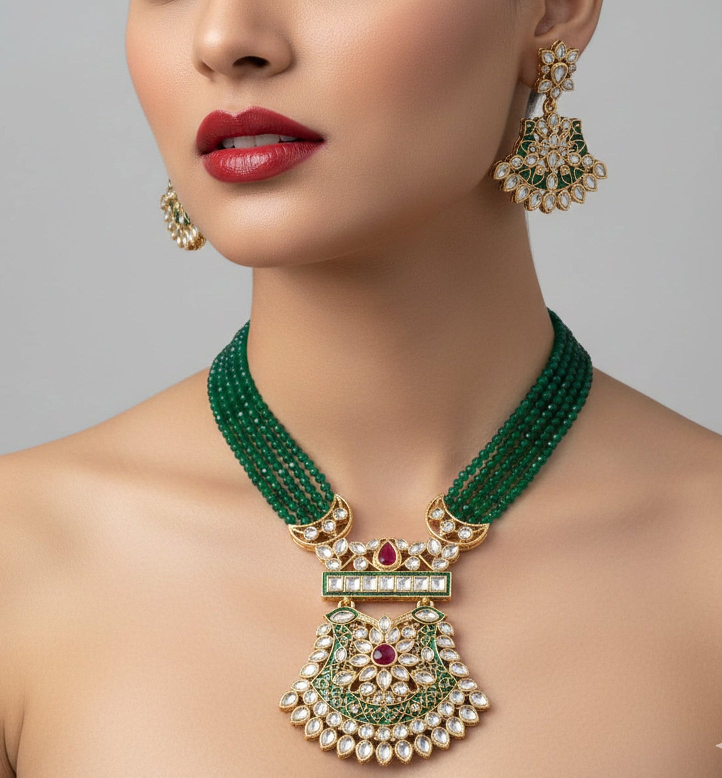 Jewel City Stunning Handcrafted Green Beaded Necklace And Earrings Set