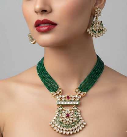 Jewel City Stunning Handcrafted Green Beaded Necklace And Earrings Set