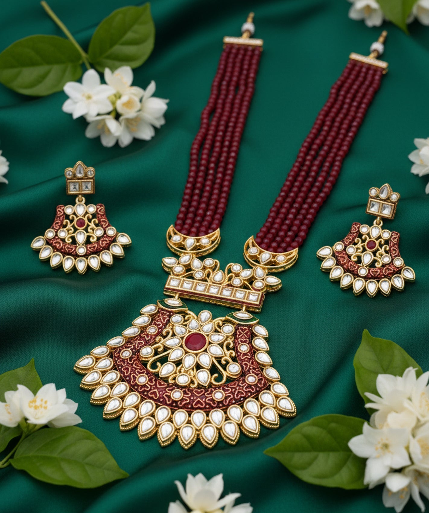 Jewel City Stunning Handcrafted Maroon Beaded Necklace And Earrings Set