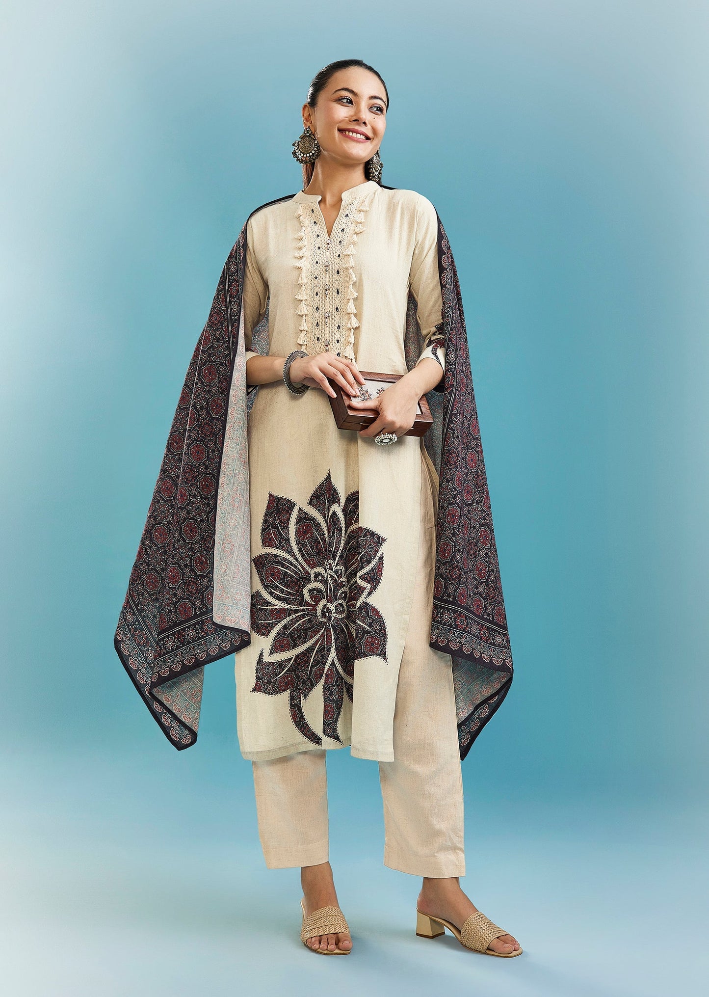 Cream And Black Block Print Kurta Set With Lace And Tassel Work