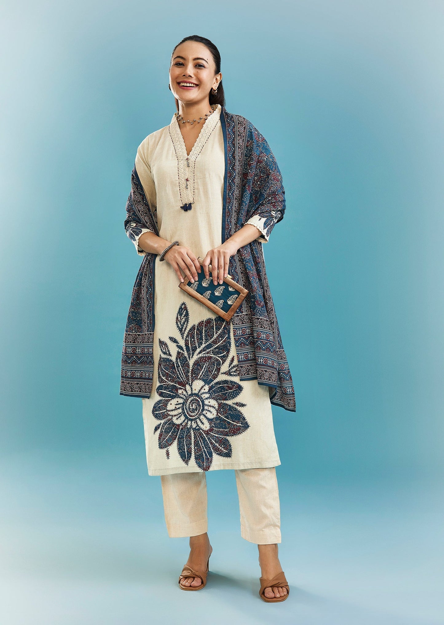 Cream And Blue Block Print Kurta Set With Lace Detailing