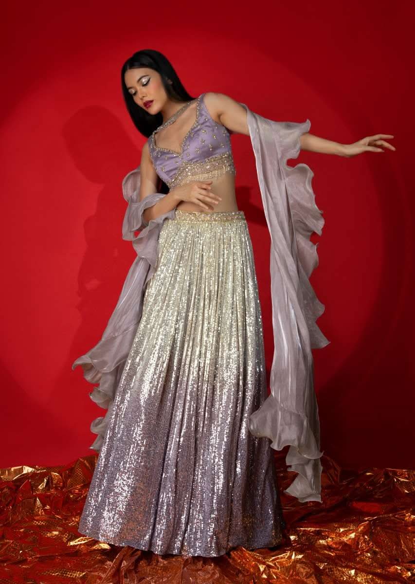 Cream And Lavender Shaded Sequins Lehenga With Hand Embroidered Lavender Choli And Ruffle Dupatta
