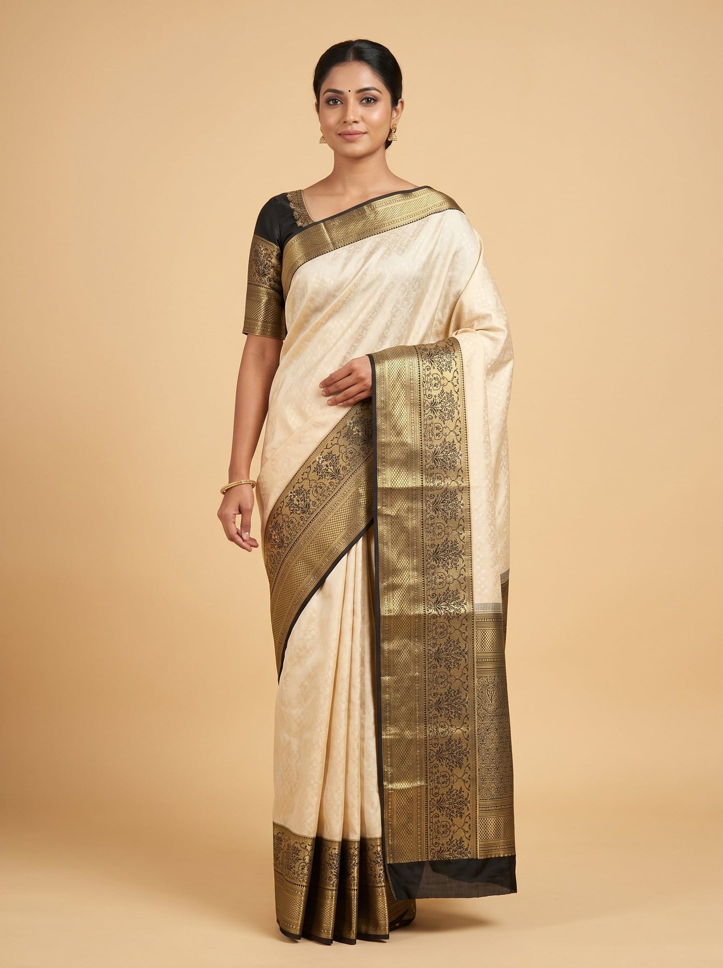 Cream Black Handloom Saree