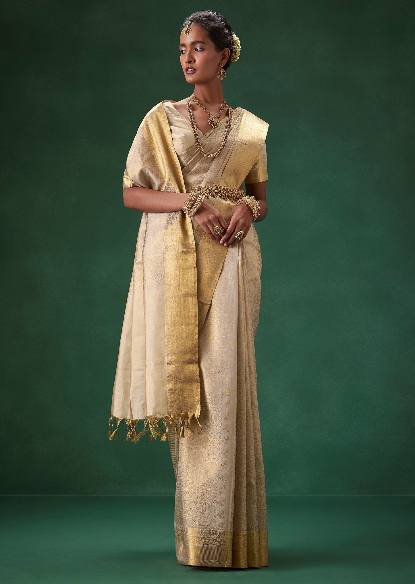 Cream Bridal Kanjivaram Floral Weave Saree with Unstitched Blouse