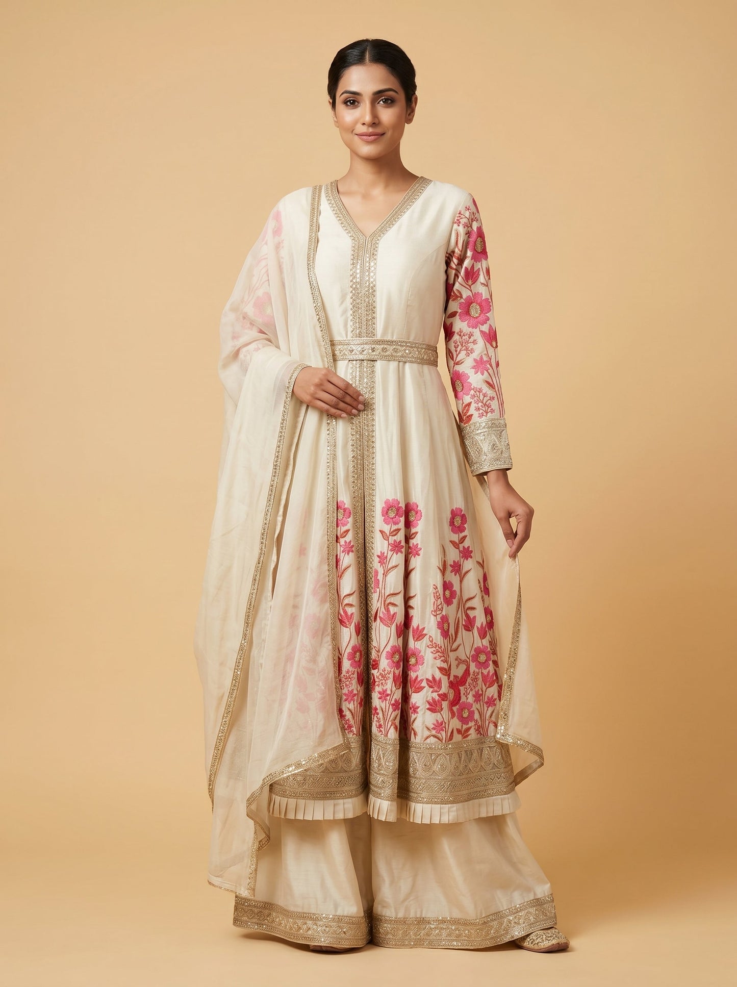 Cream Chanderi Embroidered Anarkali Suit