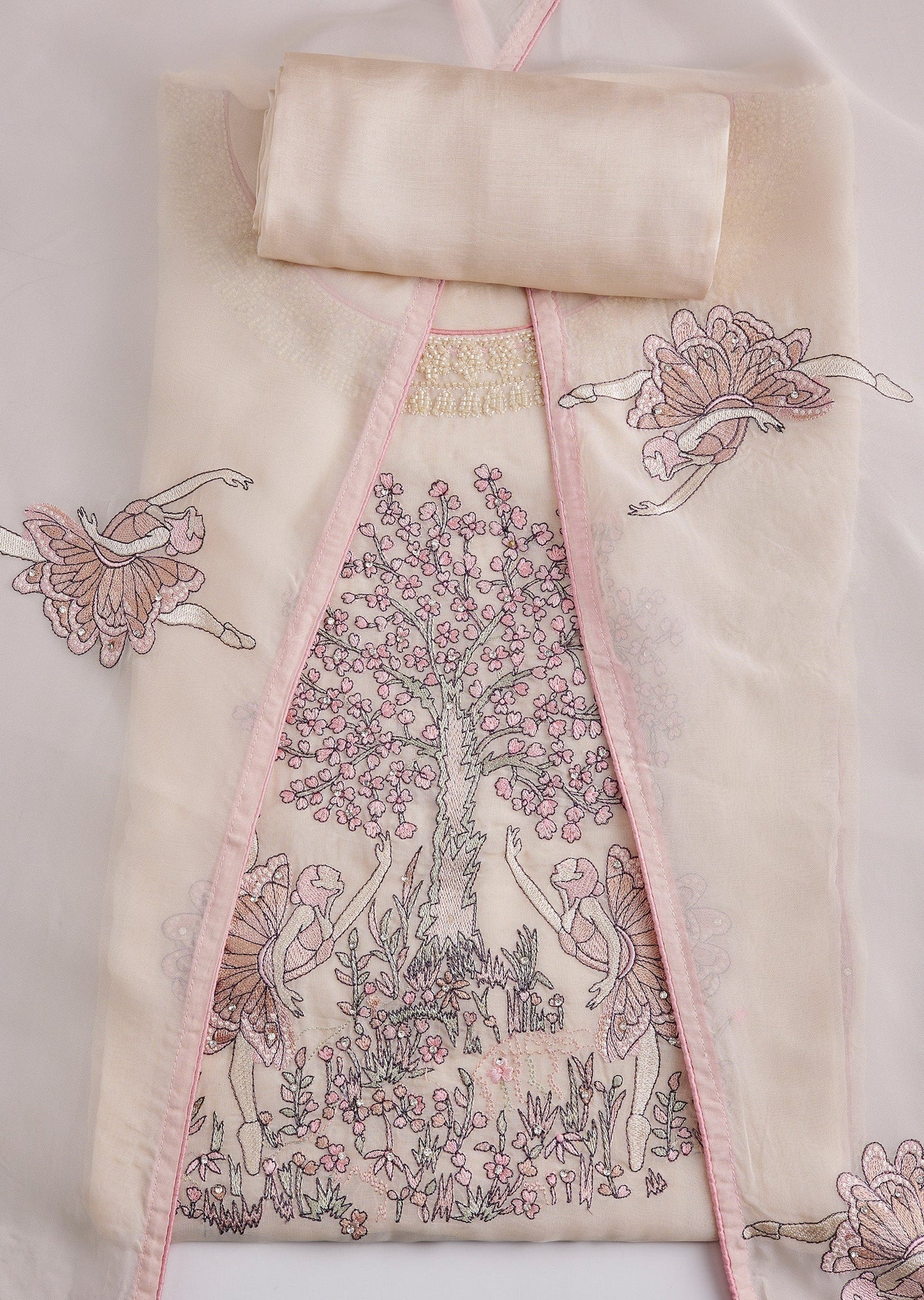 Cream Cotton Embroidered Unstitched Suit Set With Dupatta