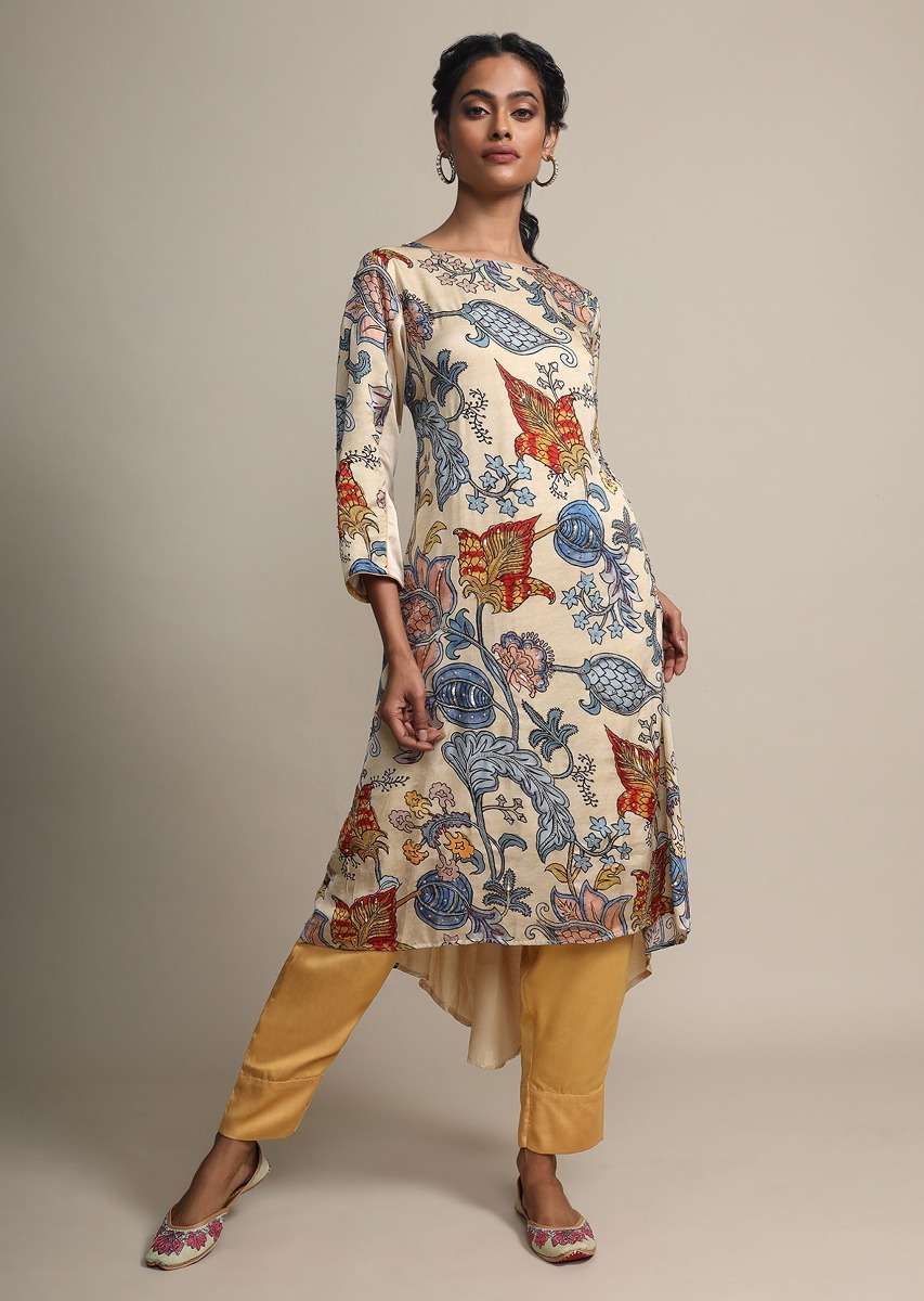 Cream Digital Floral Printed Top With Contrasting Golden Pants