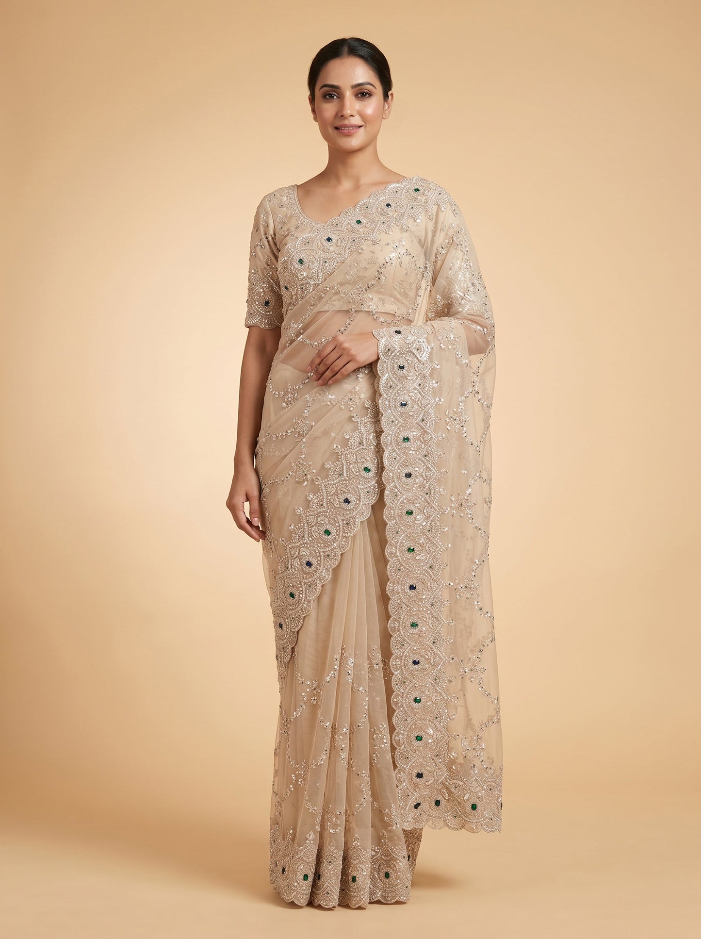 Cream Elegant Finish Embroidered Saree