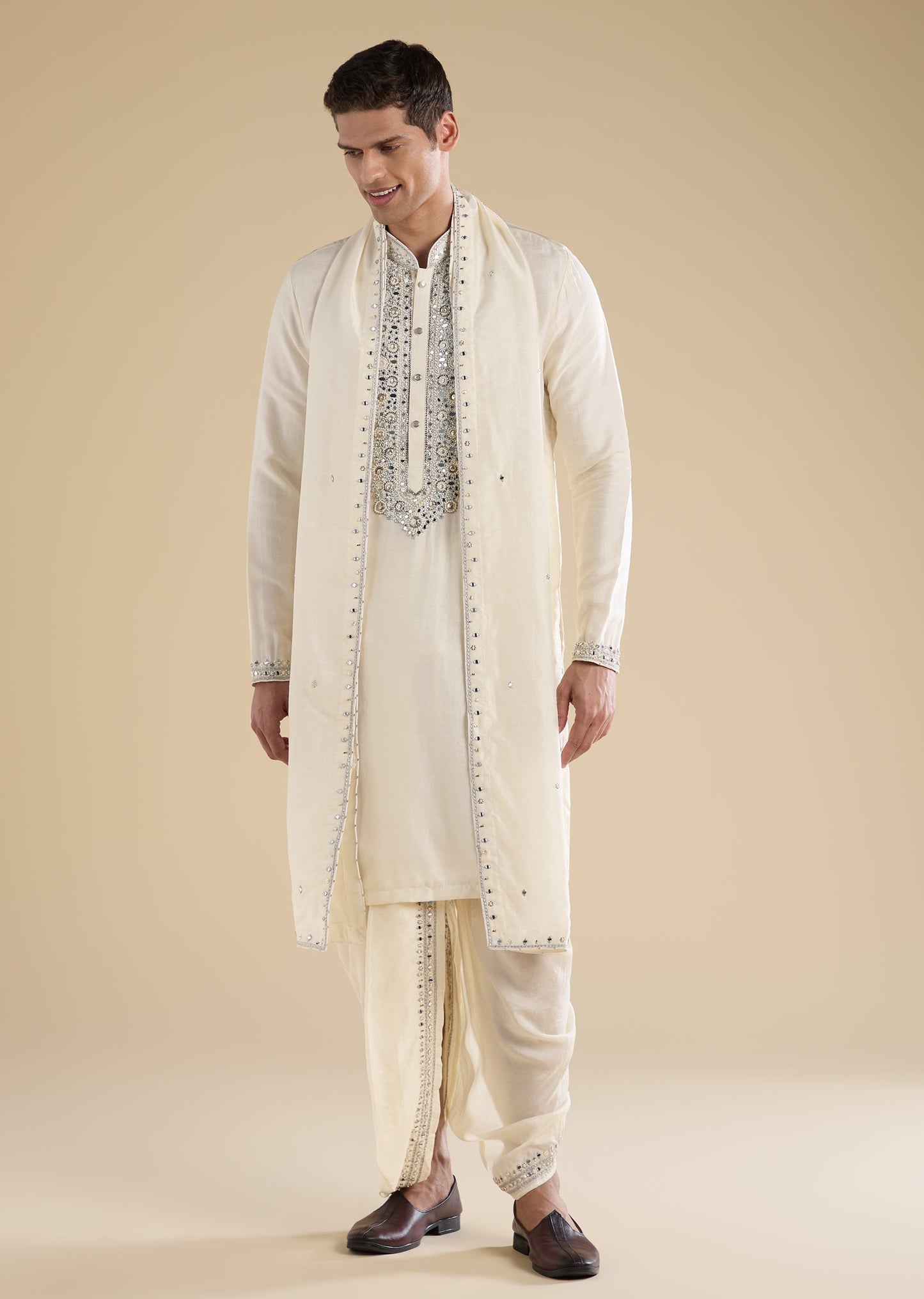 Cream Embellished Muhurtham Kurta Dhoti Set with Stole