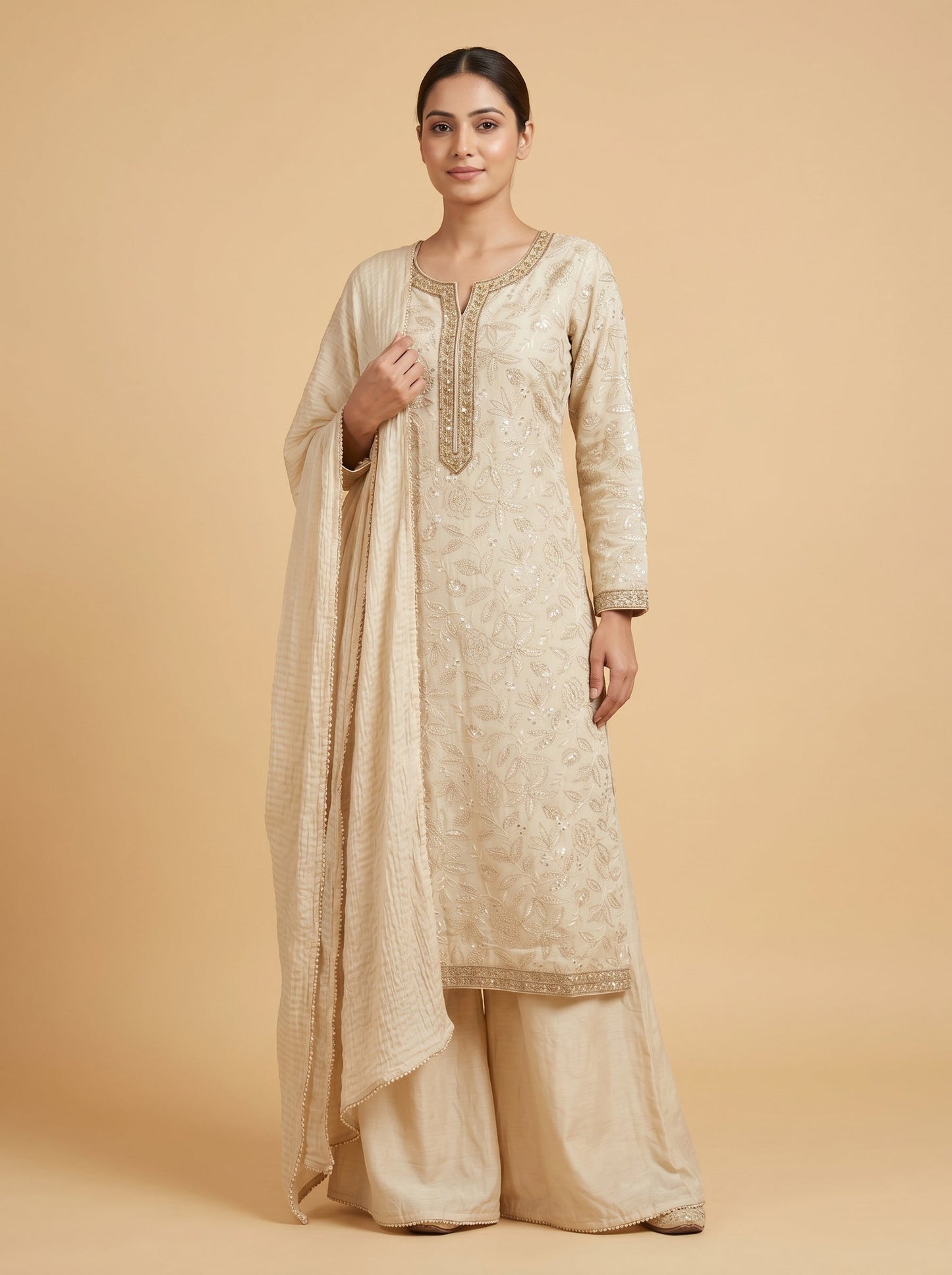 Cream Embroidered Kurti Pant Set Suit