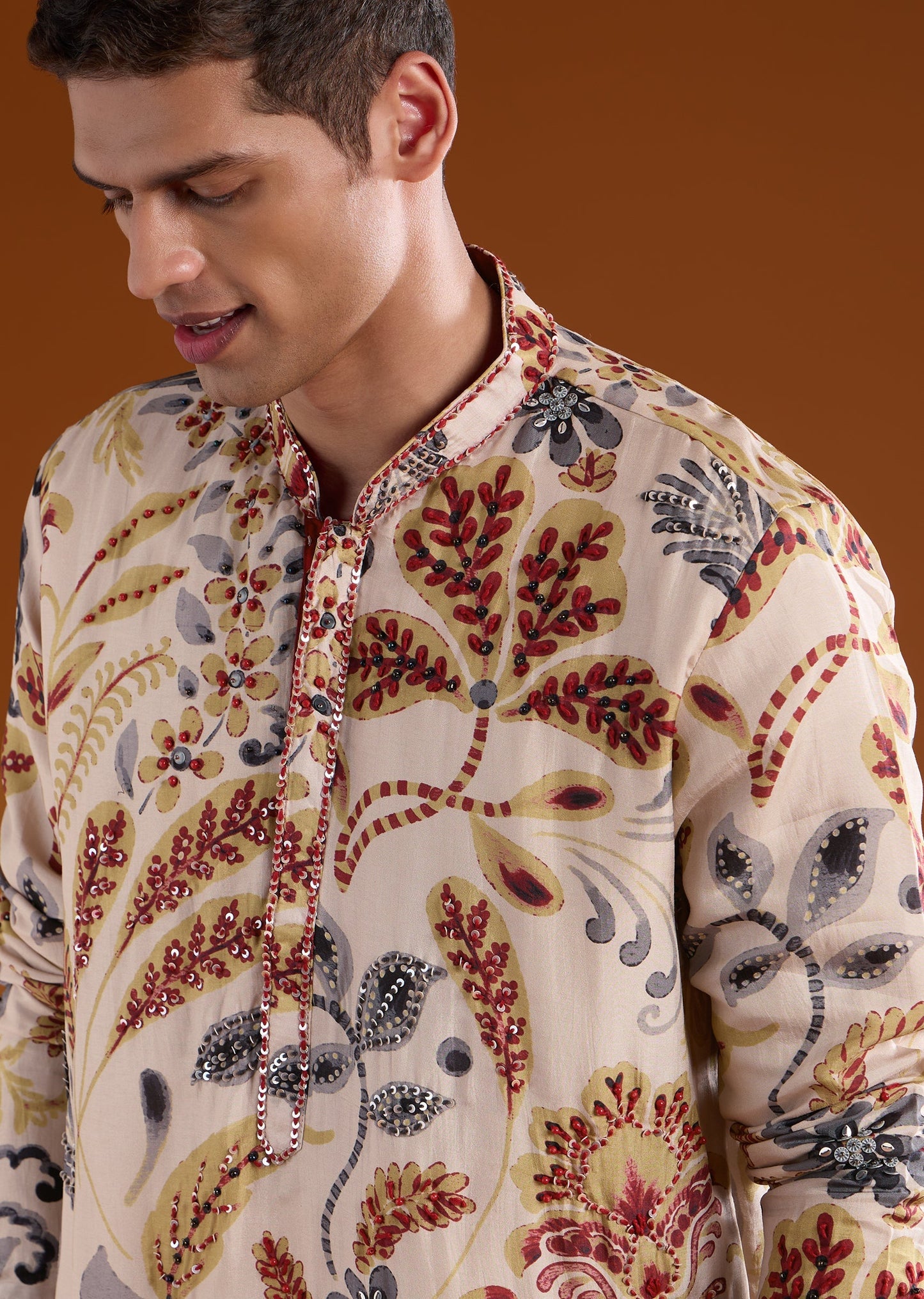 Cream Embroidered Rawsilk Kurta Set
